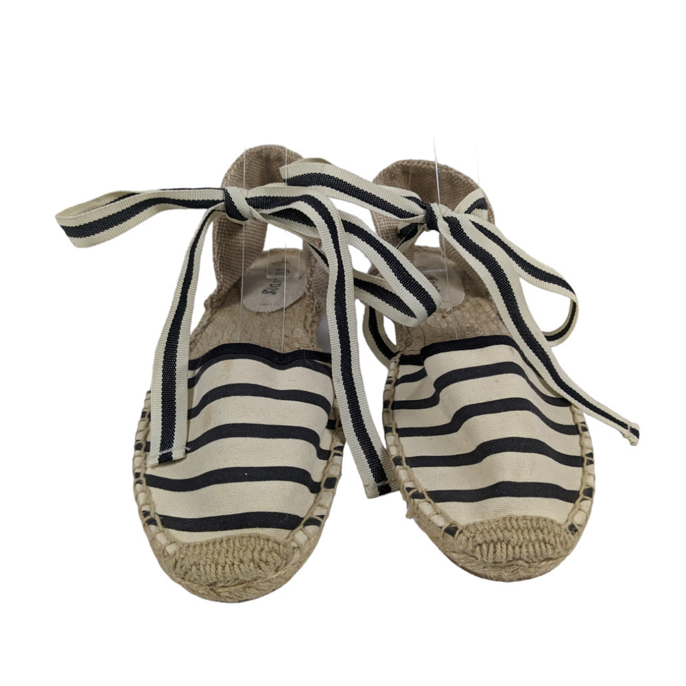Soludos Espadrilles 9 Cream Navy Blue Stripe Ribbon Tie Closure Flat Shoes - Picture 2 of 7